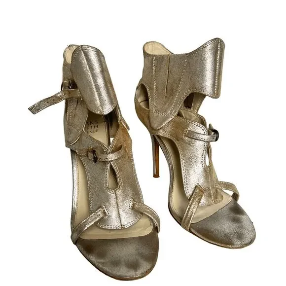 Saks Fifth Avenue Heels Stiletto Heels Open Toe Ankle Strap Buckle Leather Metal - Picture 3 of 4